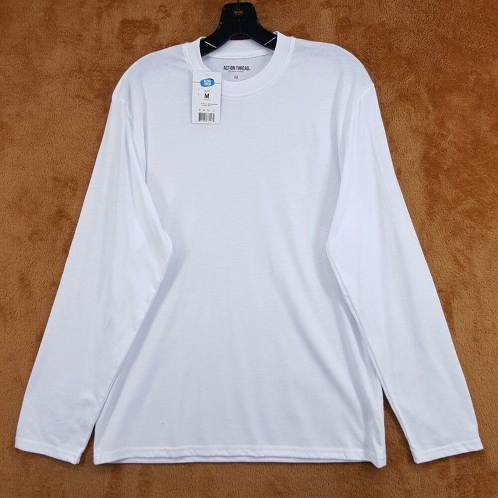 ACTION THREAD Shirt Mens Medium Solid White Long Sleeve 100% Cotton